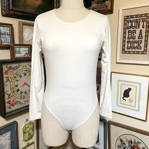 90s Vintage Ann Taylor White Stretch Scoop Neck Long Sleeve Bodysuit Size L